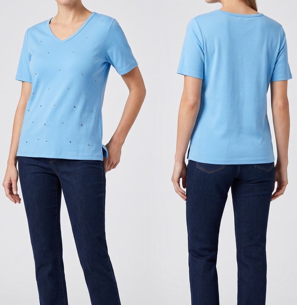 The Quacker Factory XS V Neck Short Sleeve TShirt Beaded NEW NWT Blue